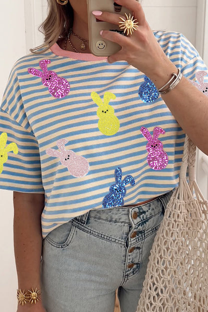 Easter Sequin Bunny Striped Short Sleeve Graphic Tee