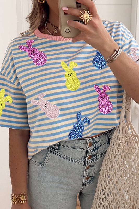 Easter Sequin Bunny Striped Short Sleeve Graphic Tee