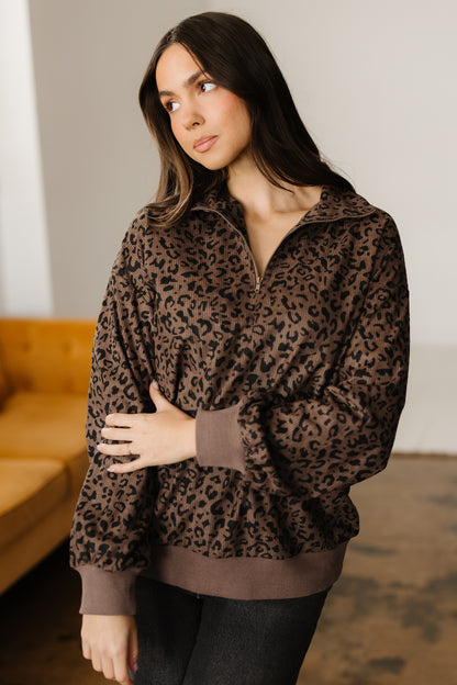 Leopard Print Quarter Zip Corduroy Pullover