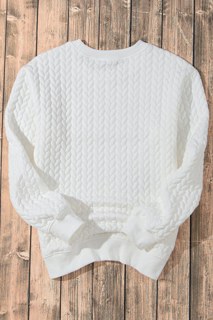 White LUCKY Chenille Embroidered Cable Knit Pullover Sweatshirt