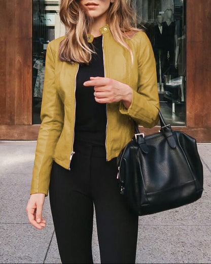 Women's Faux Leather Zip Up Blazer Jacket S-5XL