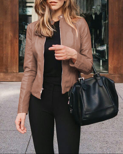 Women's Faux Leather Zip Up Blazer Jacket S-5XL