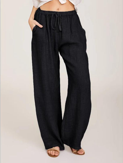Womens Linen Wide Leg Pants High Waist Drawstring Casual