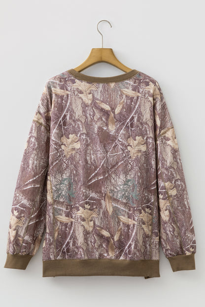 Camo Print Oversized Sweatshirt Colorblock Trim Pullover