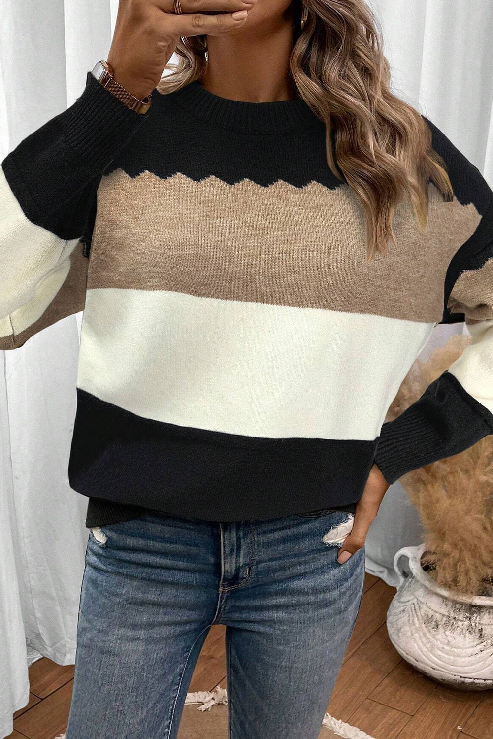 Black Beige Brown Colorblock Drop Shoulder Knit Sweater