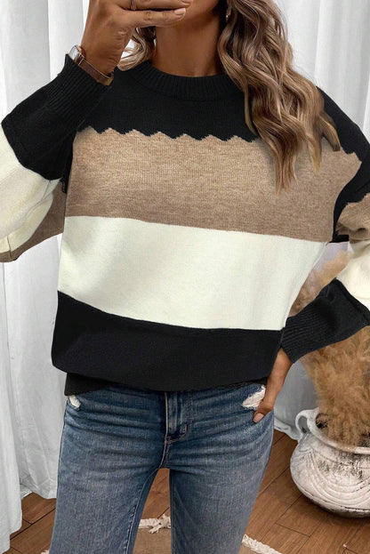 Black Beige Brown Colorblock Drop Shoulder Knit Sweater