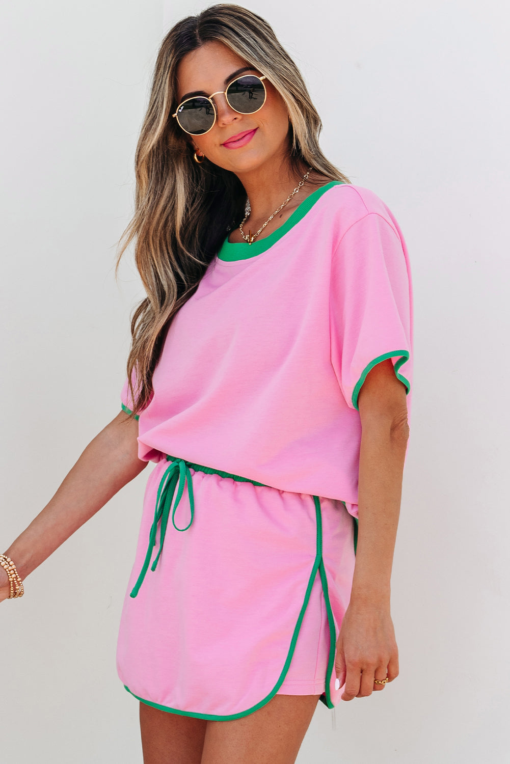 Colorblock Trim Tee Skort Set Drawstring Lounge Set
