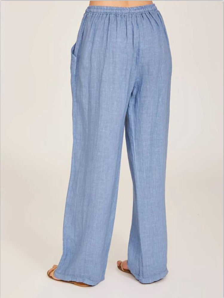 Womens Linen Wide Leg Pants High Waist Drawstring Casual