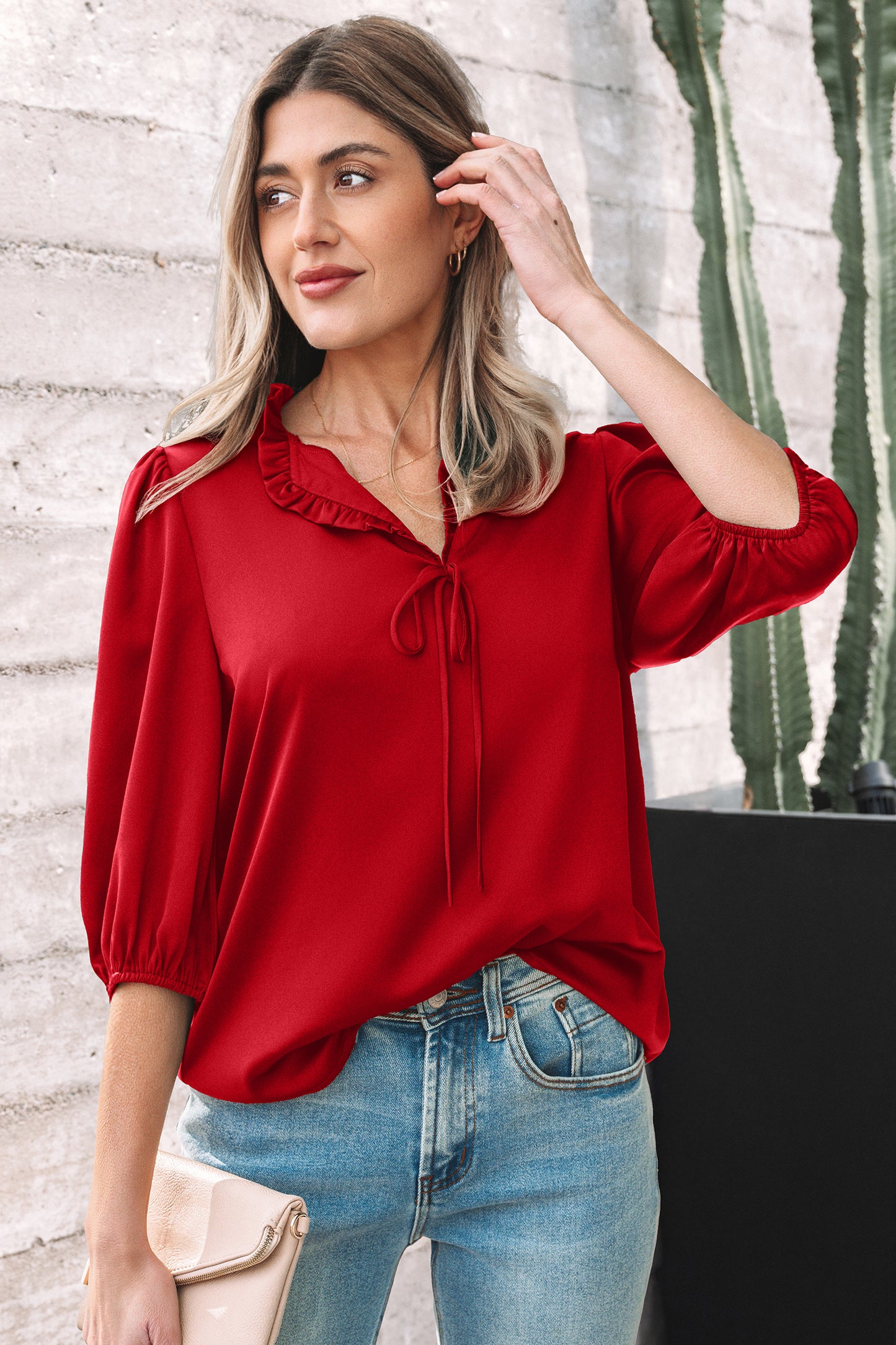 Dark Green Ruffle V Neck Bow Tie 3/4 Sleeve Blouse
