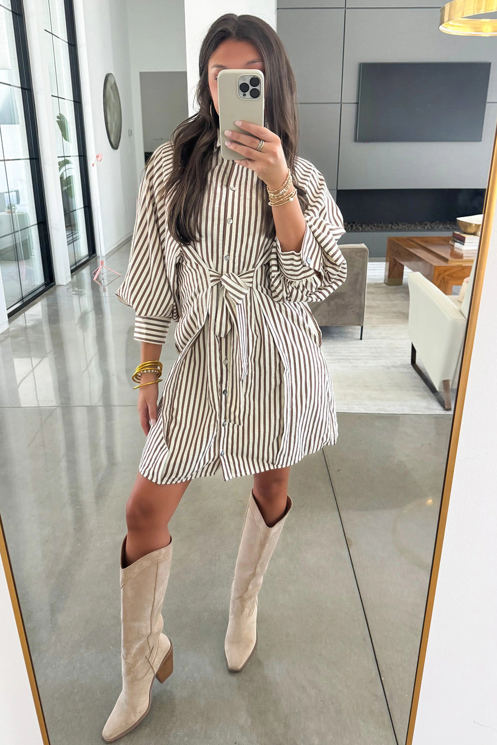 Brown Stripe Knot Waist Puff Sleeve Button Down Shirt Dress