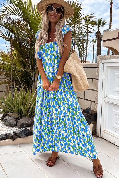 Pink Floral Square Neck Ruffle Sleeve Maxi Dress