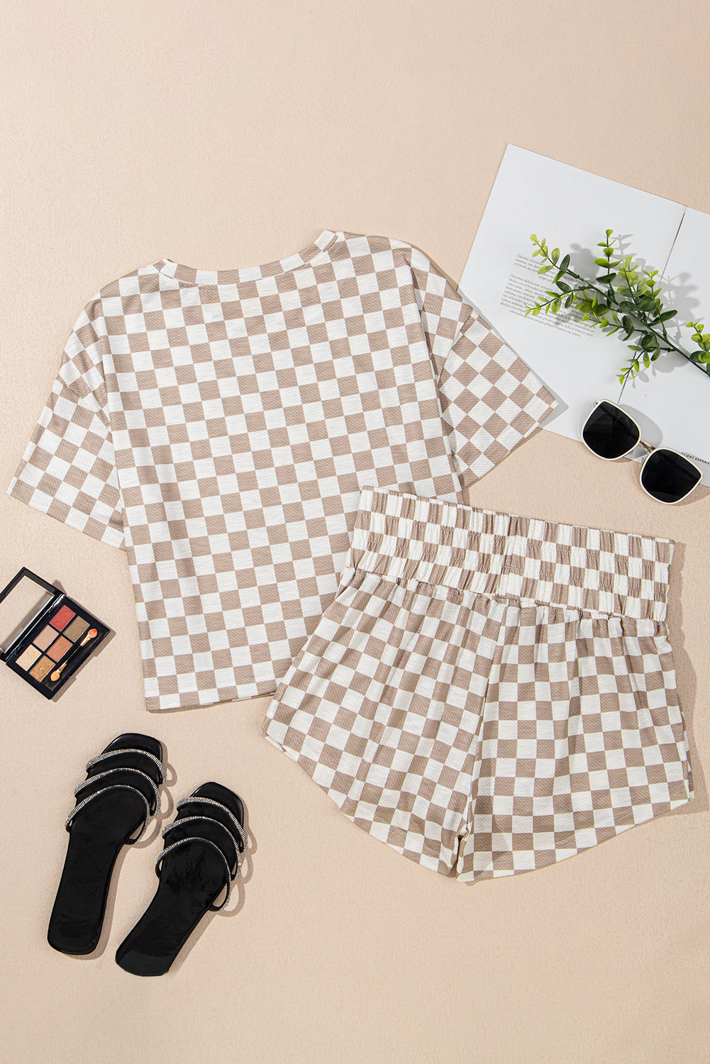 Brown Checkered Lounge Set Tee and High Waist Skort