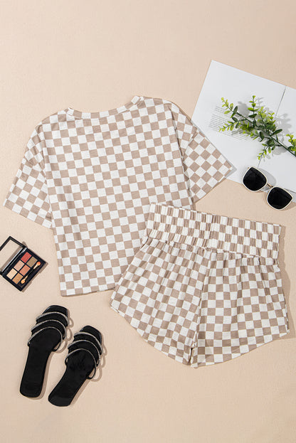 Brown Checkered Lounge Set Tee and High Waist Skort