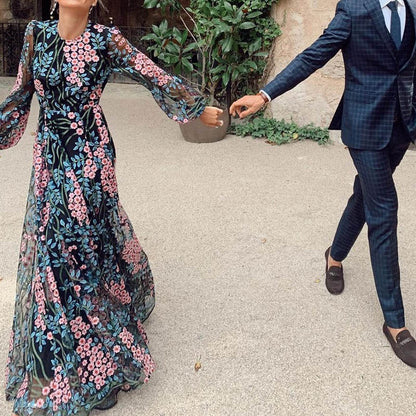 Floral Open Back Maxi Dress Long Sleeve Flowy Elegant