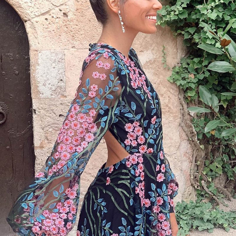 Floral Open Back Maxi Dress Long Sleeve Flowy Elegant
