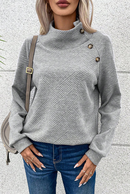 Black Asymmetric Buttons Detail High Neck Textured Sweatshirt