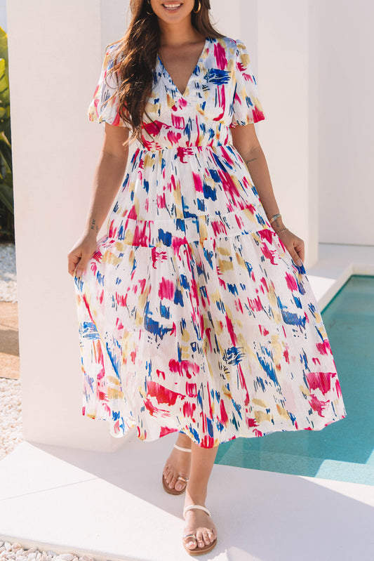 Abstract Print Puff Sleeve V Neck Tiered Maxi Dress