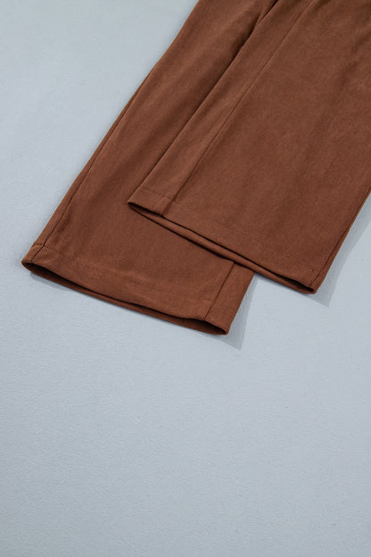 Coffee Elastic Waist Straight Leg Ankle Length Corduroy Pants