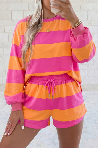 Pink Orange Stripe Lounge Set 2pc Shorts Set Sweatshirt
