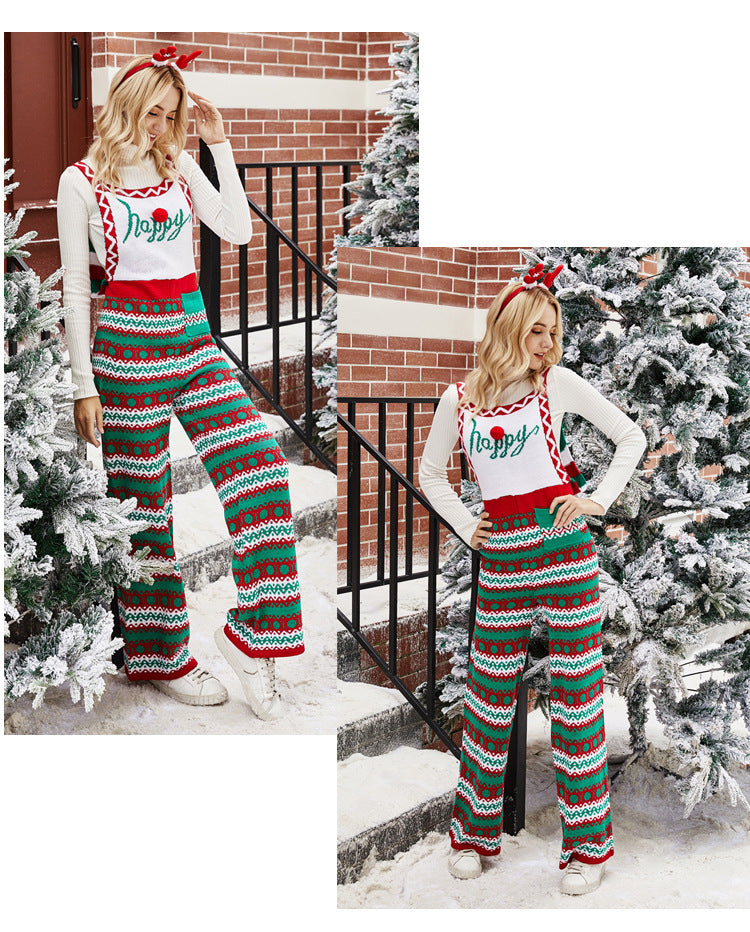 Christmas Fair Isle Knit Overalls Women Holiday Jumpsuit