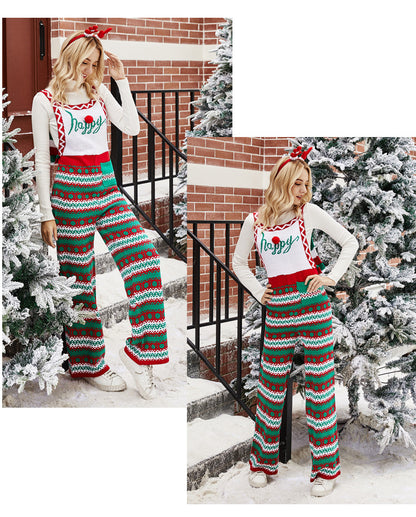 Christmas Fair Isle Knit Overalls Women Holiday Jumpsuit