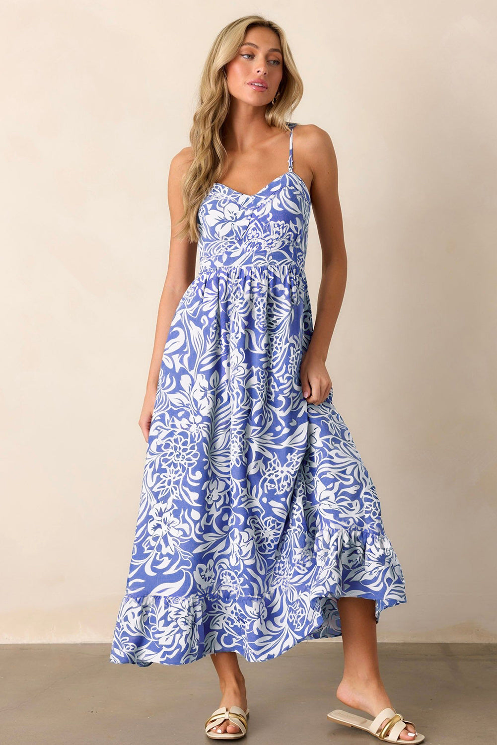 Blue Floral Print Spaghetti Strap Maxi Dress Women