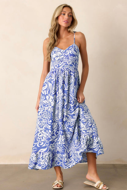 Blue Floral Print Spaghetti Strap Maxi Dress Women