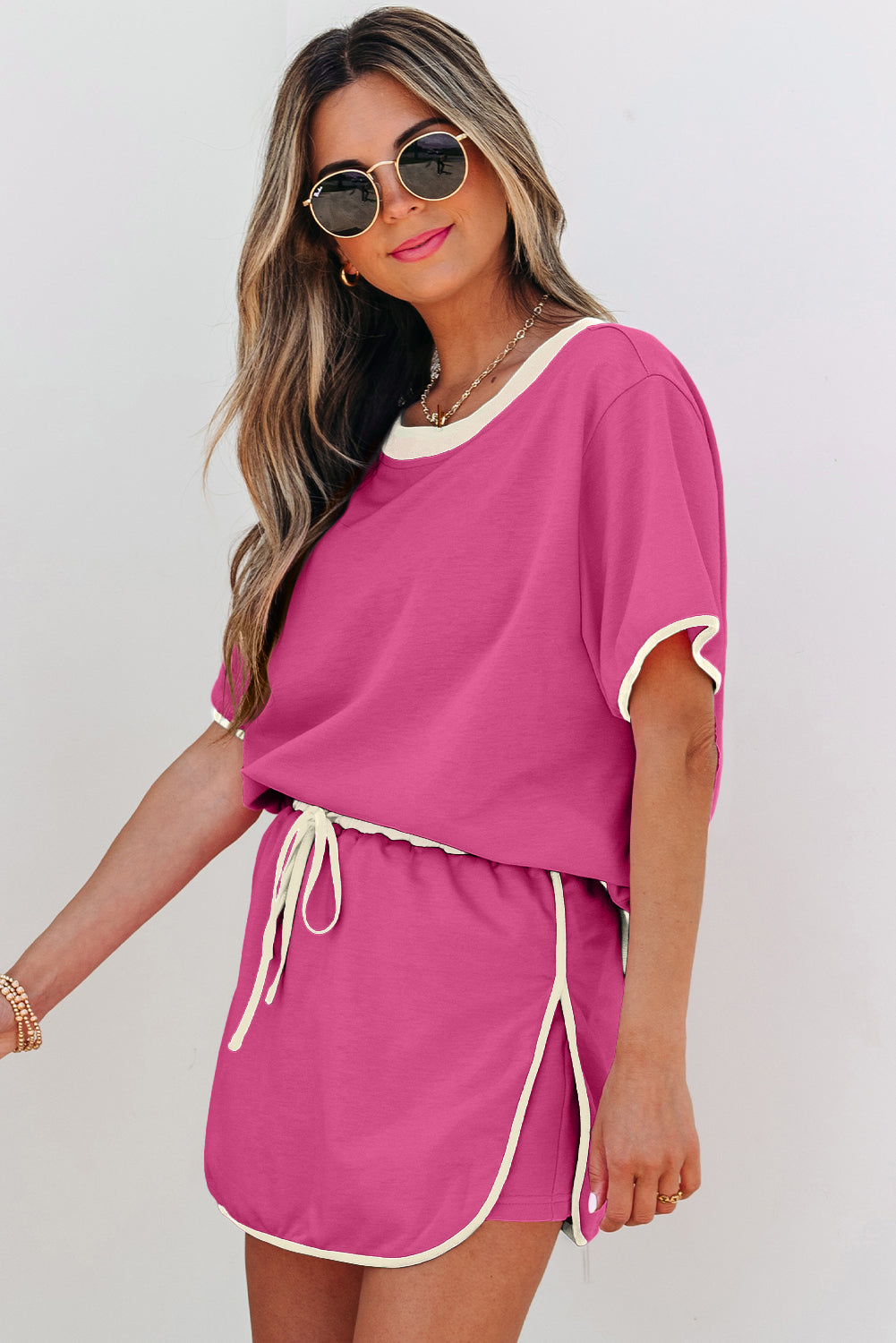 Colorblock Trim Tee Skort Set Drawstring Lounge Set