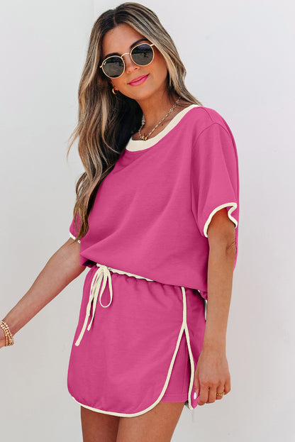 Colorblock Trim Tee Skort Set Drawstring Lounge Set