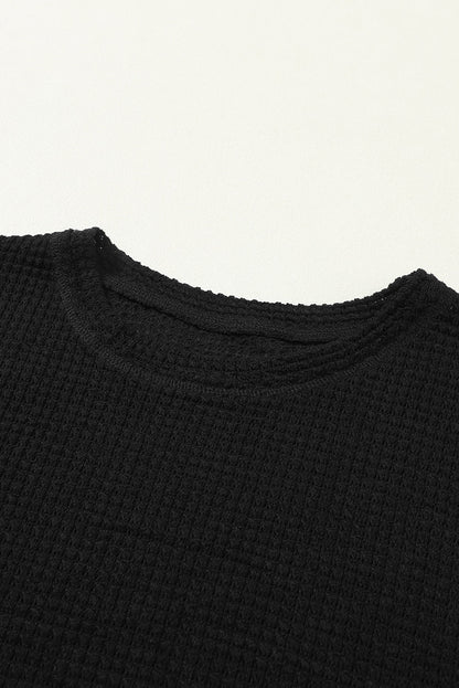 Black Waffle Knit Oversized Top with Side Slits