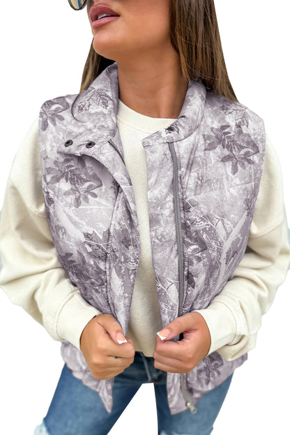 Brown Camo Leaf Print Lightweight Winter Puffer Vest