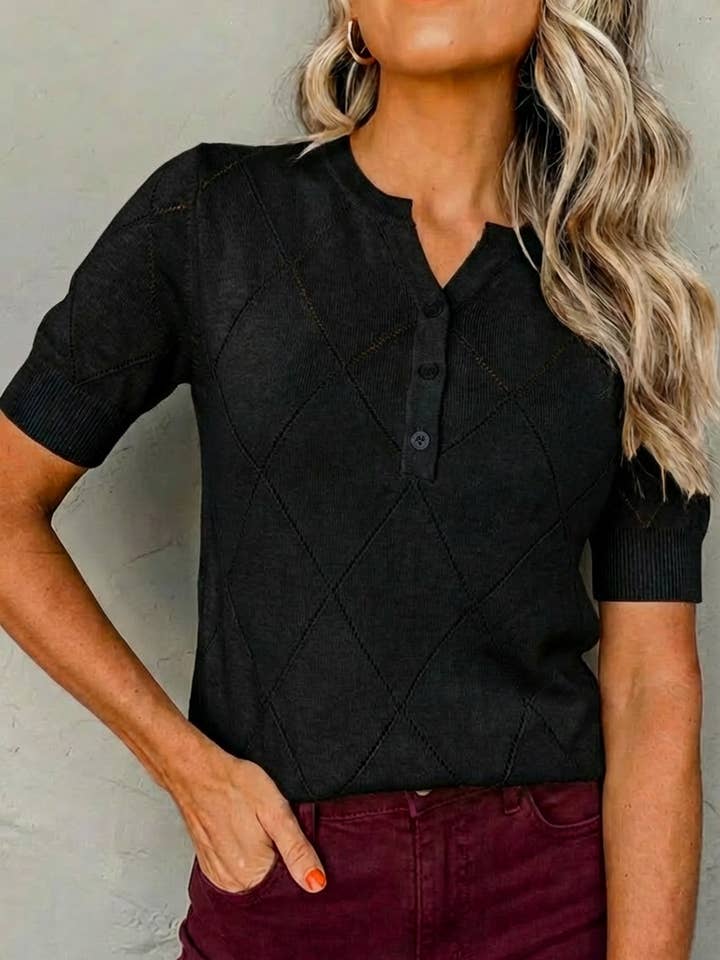 Argyle Diamond Knit Henley Short Sleeve Sweater Top