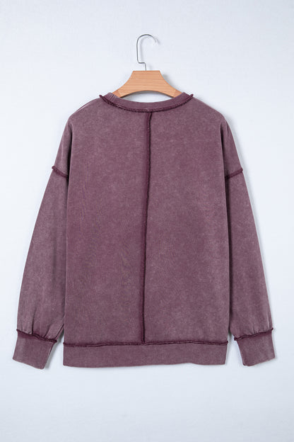 Mineral Wash Exposed Seam Sweatshirt Side Slit Casual Pullover