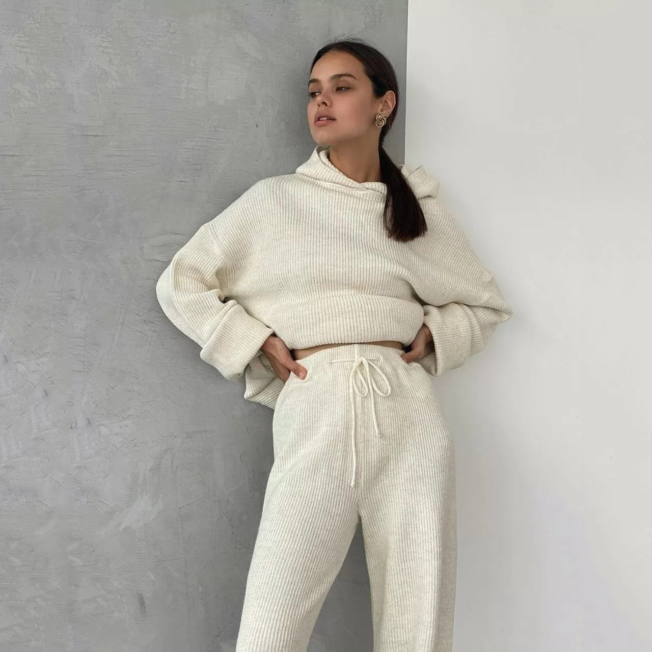 Women's Ribbed Hoodie Lounge Pants Two Piece Set
