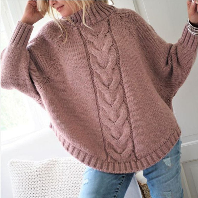 Women's Oversized Cable Knit Batwing Turtleneck Sweater