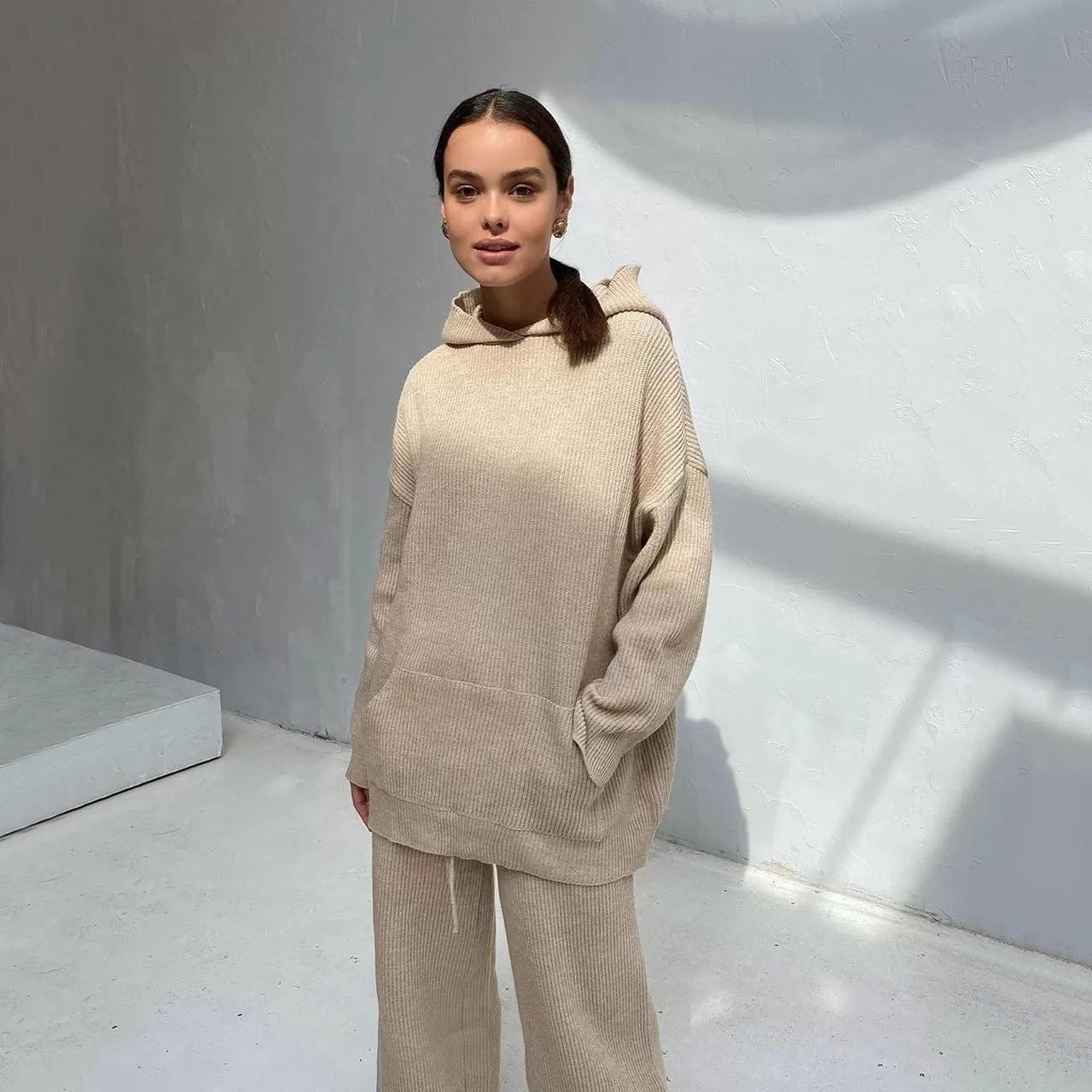 Women's Ribbed Hoodie Lounge Pants Two Piece Set