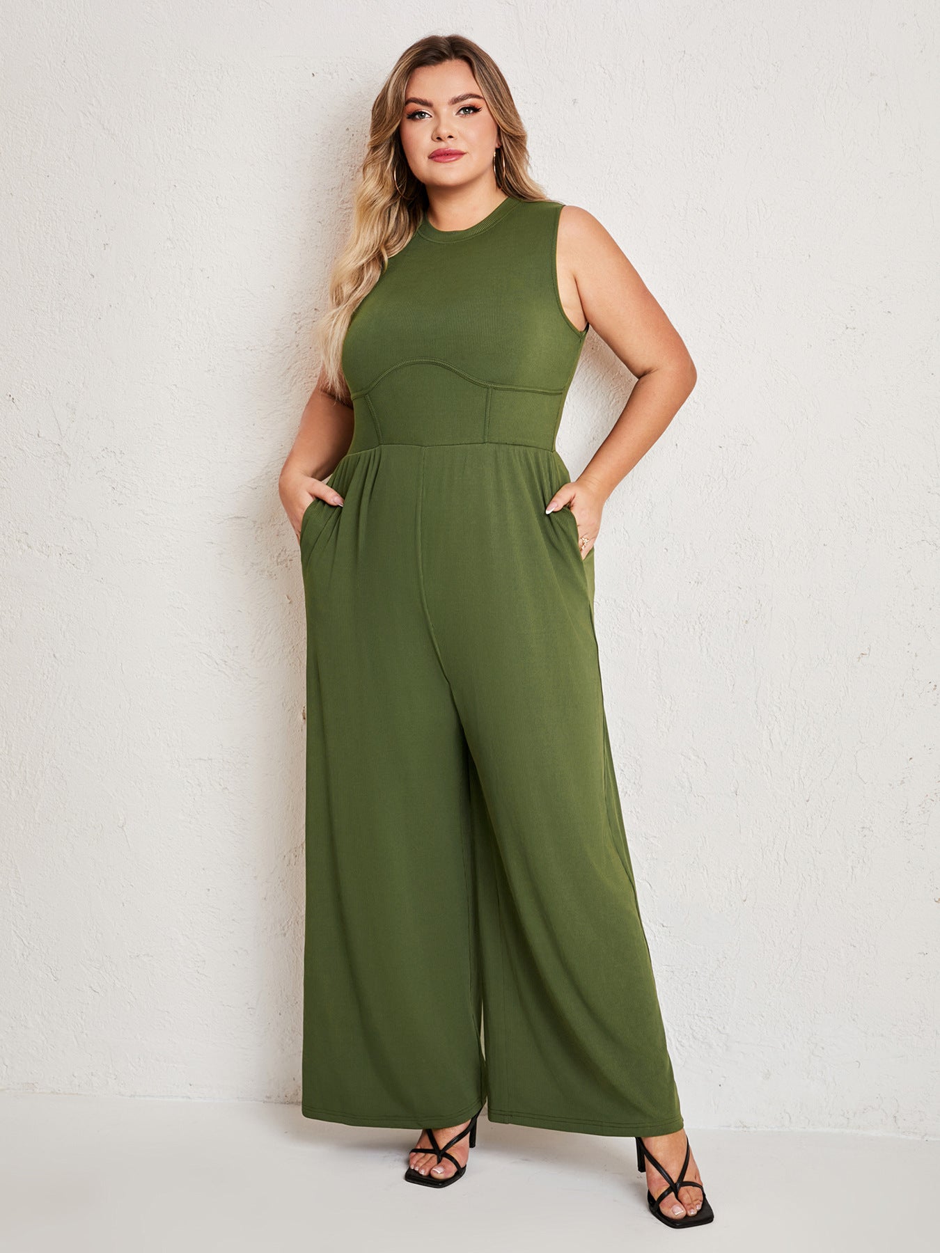 Womens Summer One Piece Sleeveless Wide Leg Pants Rompers With Pockets Plus Size