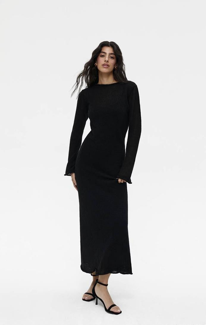 Sheer Knit Maxi Dress Set Long Sleeve Overlay with Slip