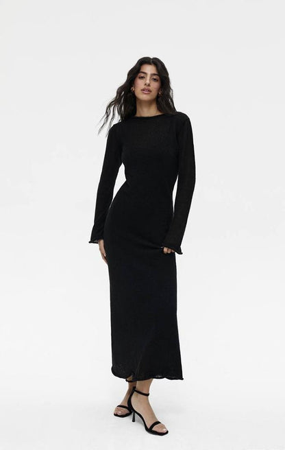Sheer Knit Maxi Dress Set Long Sleeve Overlay with Slip