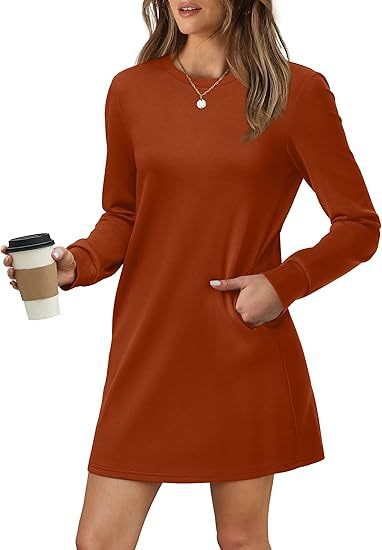 Cozy Long Sleeve Crewneck Sweatshirt Dress with Pockets