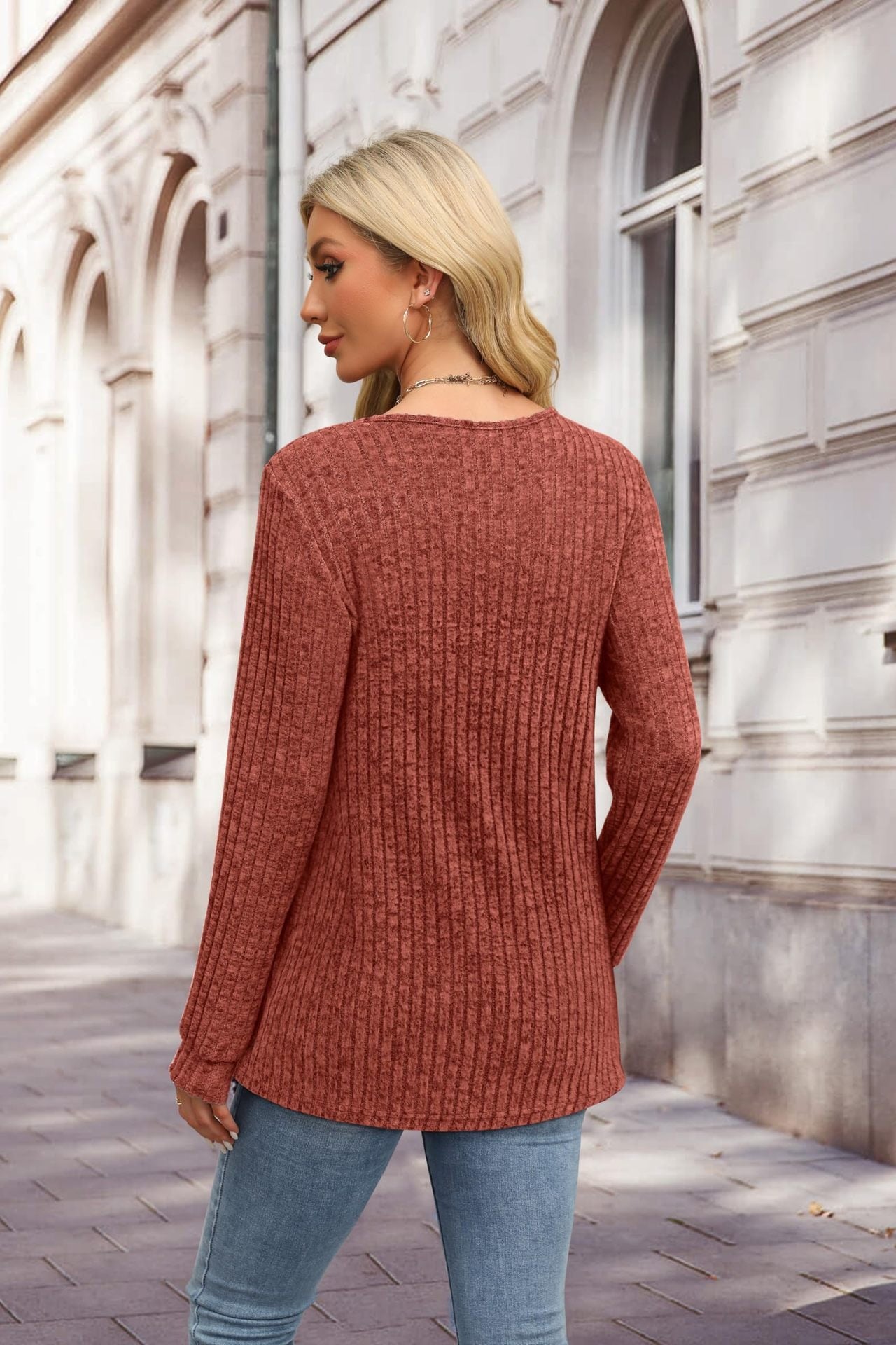 Ribbed V-Neck Button Knit Long Sleeve Pullover