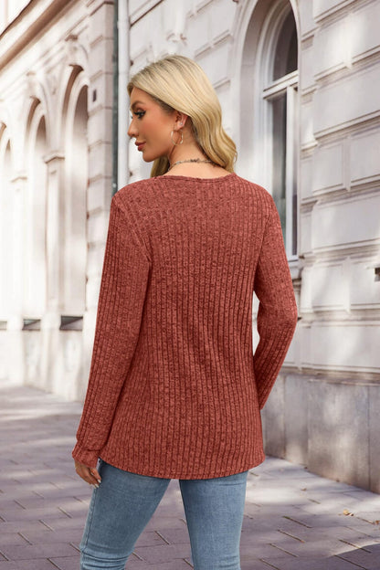 Ribbed V-Neck Button Knit Long Sleeve Pullover