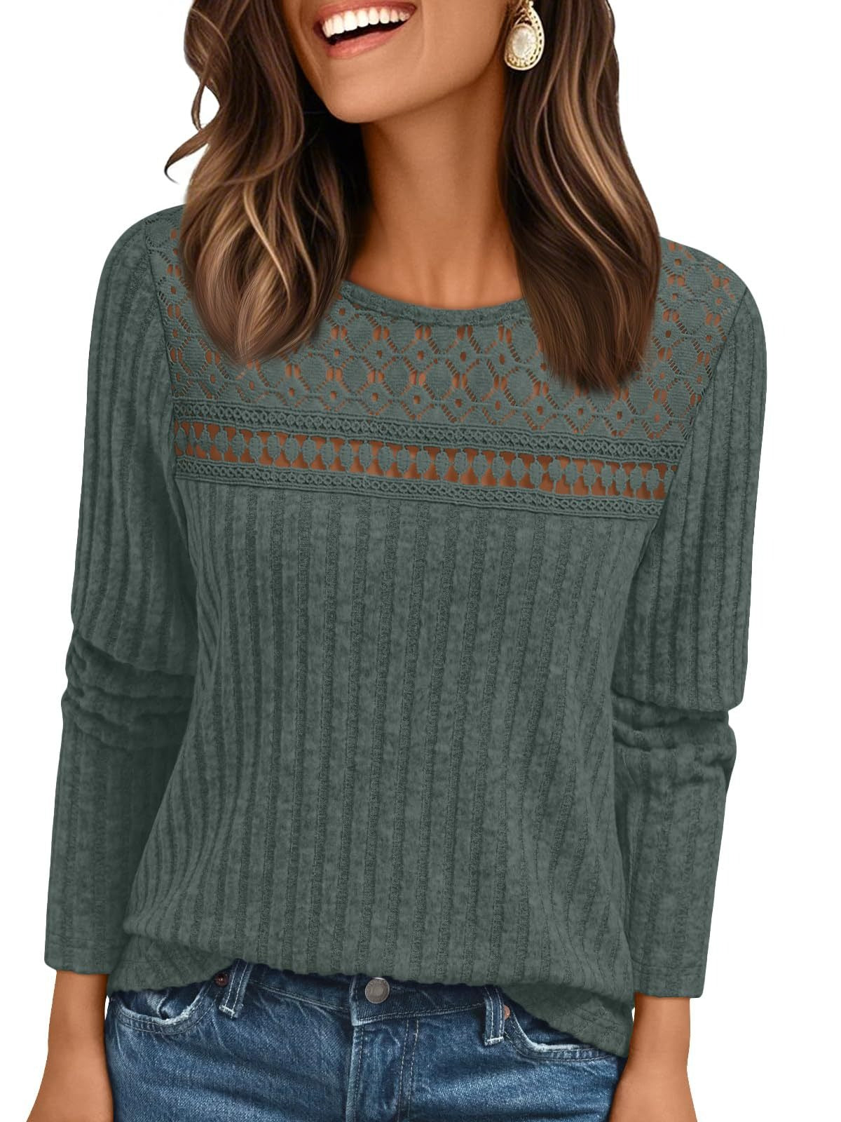 Ribbed Knit Pullover with Lace Panel Long Sleeves