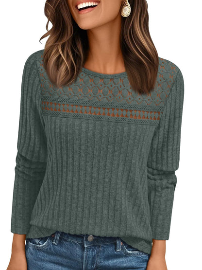 Ribbed Knit Pullover with Lace Panel Long Sleeves