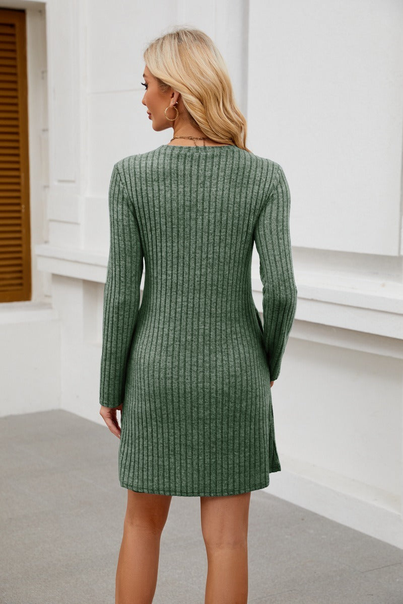Ribbed Knit Button Dress - Long Sleeve A-Line Sweater