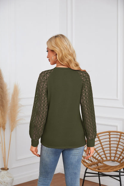 Lace Sleeve Pleated Blouse - Round Neck Long Sleeve Top