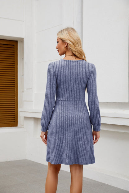 Square Neck Ribbed Knit Dress with Pockets
