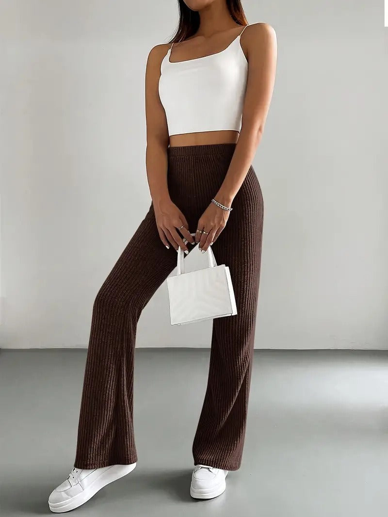 High Waist Ribbed Knit Flare Pants for Women