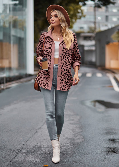 Leopard Print Corduroy Button Down Oversized Shirt Jacket