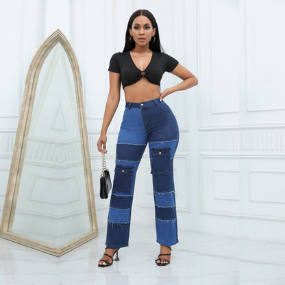 Plus Size Patchwork Women's High Waist Jeans Ripped Wide Leg Jeans